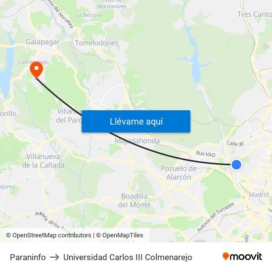 Paraninfo to Universidad Carlos III Colmenarejo map