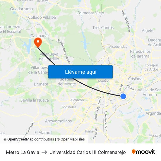 Metro La Gavia to Universidad Carlos III Colmenarejo map