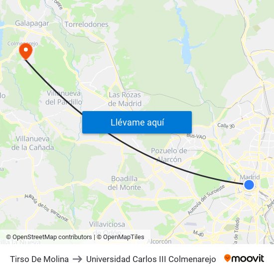 Tirso De Molina to Universidad Carlos III Colmenarejo map