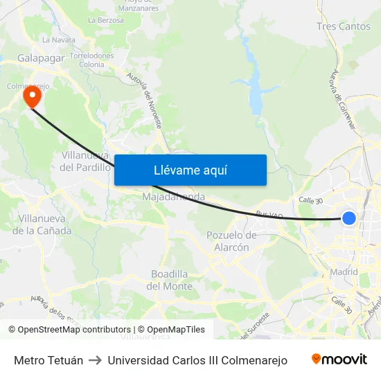 Metro Tetuán to Universidad Carlos III Colmenarejo map