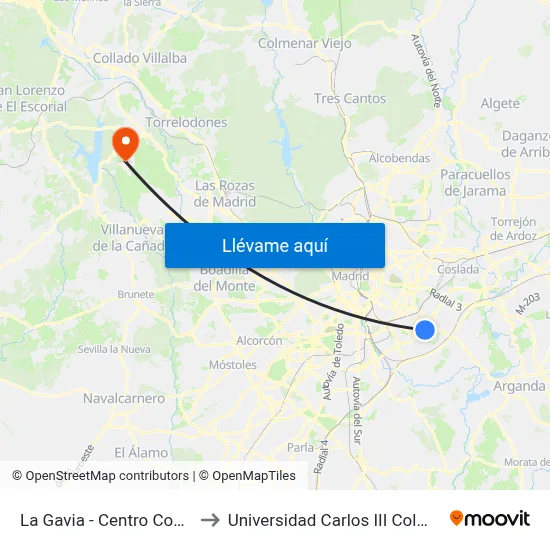La Gavia - Centro Comercial to Universidad Carlos III Colmenarejo map