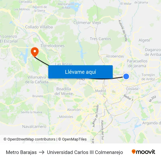 Metro Barajas to Universidad Carlos III Colmenarejo map