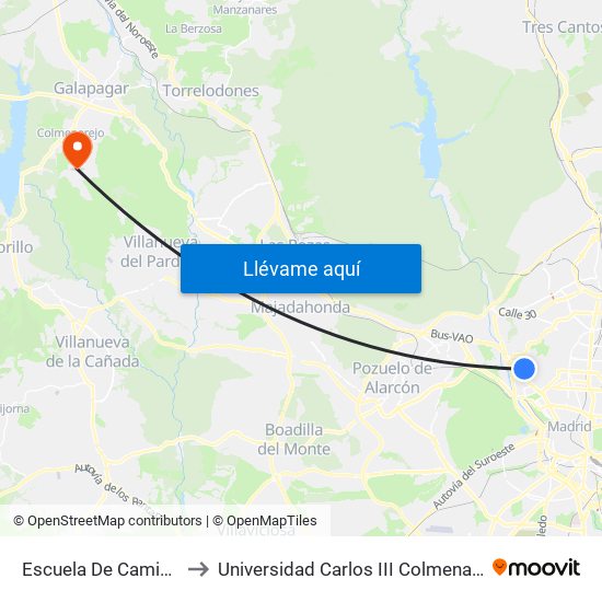 Escuela De Caminos to Universidad Carlos III Colmenarejo map