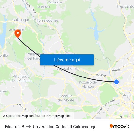 Filosofía B to Universidad Carlos III Colmenarejo map