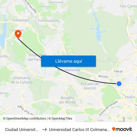 Ciudad Universitaria to Universidad Carlos III Colmenarejo map