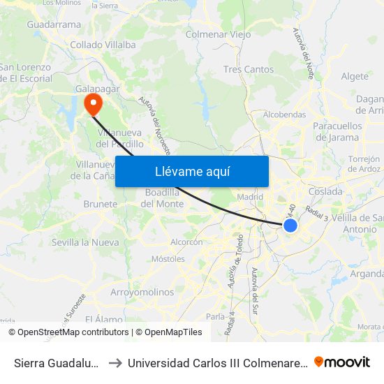 Sierra Guadalupe to Universidad Carlos III Colmenarejo map