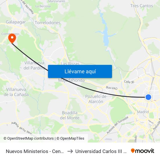 Nuevos Ministerios - Centro Comercial to Universidad Carlos III Colmenarejo map