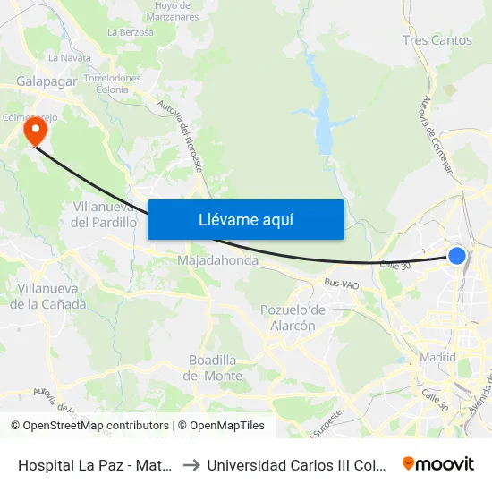 Hospital La Paz - Maternidad to Universidad Carlos III Colmenarejo map