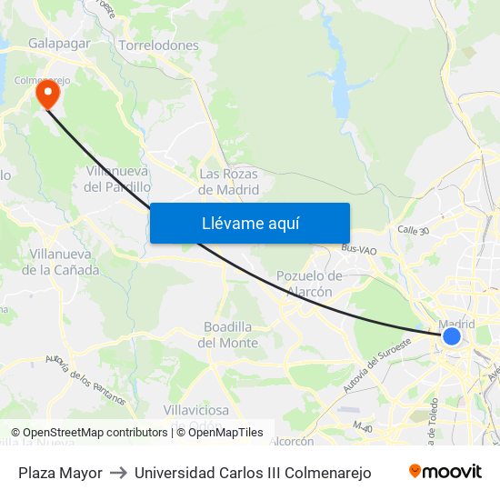 Plaza Mayor to Universidad Carlos III Colmenarejo map