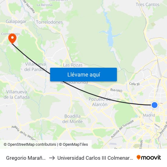 Gregorio Marañón to Universidad Carlos III Colmenarejo map