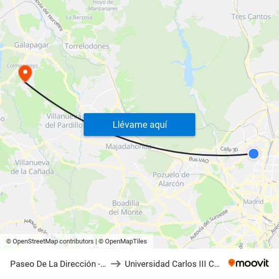Paseo De La Dirección - Cantueso to Universidad Carlos III Colmenarejo map