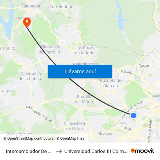 Intercambiador De Aluche to Universidad Carlos III Colmenarejo map