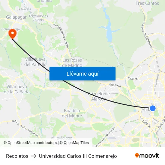 Recoletos to Universidad Carlos III Colmenarejo map