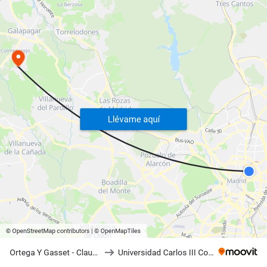 Ortega Y Gasset - Claudio Coello to Universidad Carlos III Colmenarejo map
