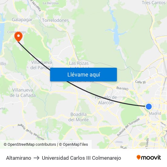 Altamirano to Universidad Carlos III Colmenarejo map