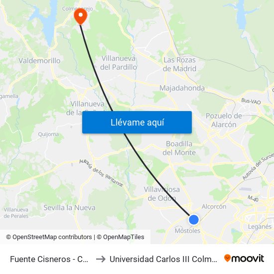 Fuente Cisneros - Colegio to Universidad Carlos III Colmenarejo map
