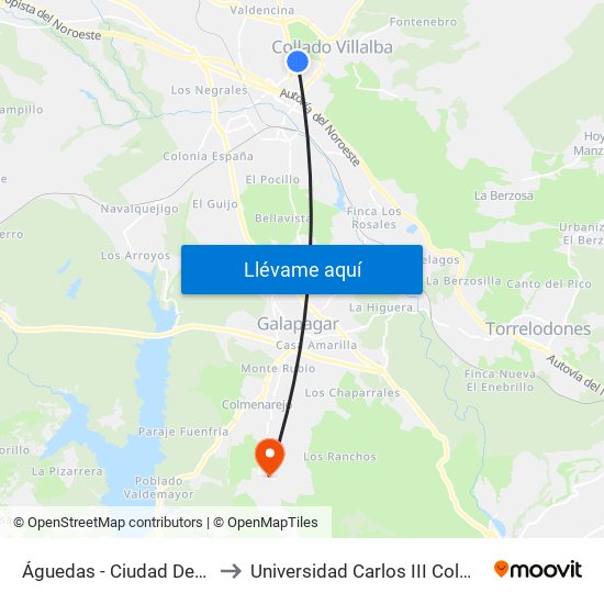 Águedas - Ciudad Deportiva to Universidad Carlos III Colmenarejo map