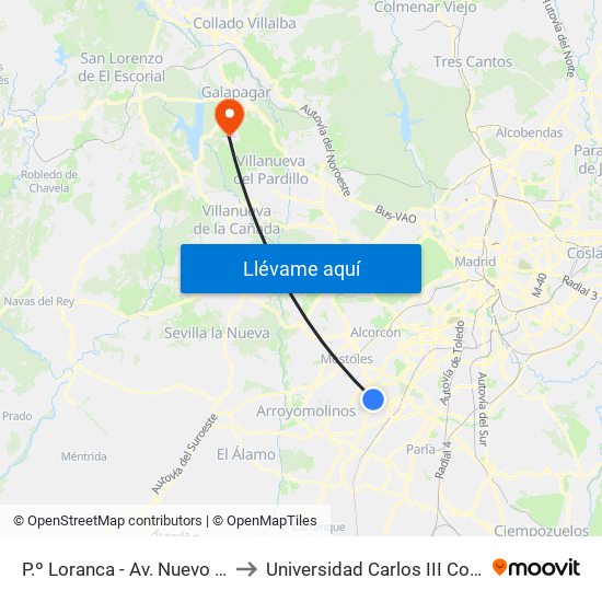 P.º Loranca - Av. Nuevo Versalles to Universidad Carlos III Colmenarejo map