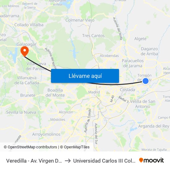 Veredilla - Av. Virgen De Loreto to Universidad Carlos III Colmenarejo map