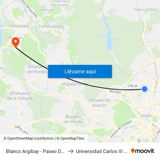 Blanco Argibay - Paseo De La Dirección to Universidad Carlos III Colmenarejo map