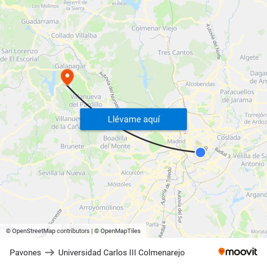 Pavones to Universidad Carlos III Colmenarejo map