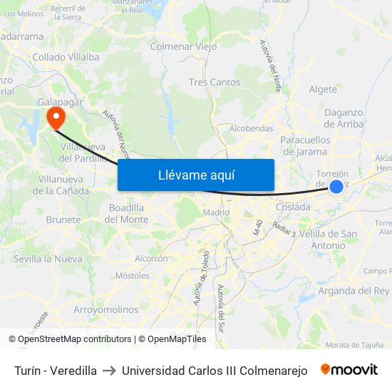 Turín - Veredilla to Universidad Carlos III Colmenarejo map