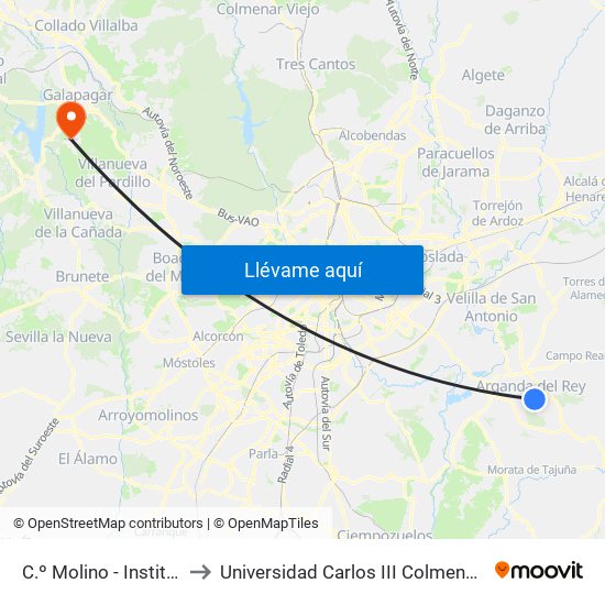 C.º Molino - Instituto to Universidad Carlos III Colmenarejo map