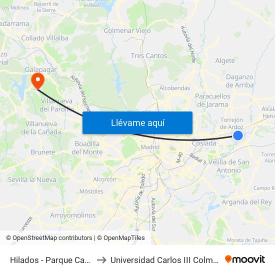 Hilados - Parque Cataluña to Universidad Carlos III Colmenarejo map