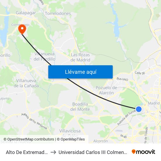 Alto De Extremadura to Universidad Carlos III Colmenarejo map