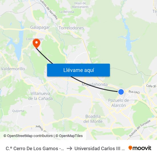 C.º Cerro De Los Gamos - Est. El Barrial to Universidad Carlos III Colmenarejo map