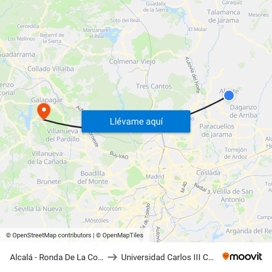 Alcalá - Ronda De La Constitución to Universidad Carlos III Colmenarejo map