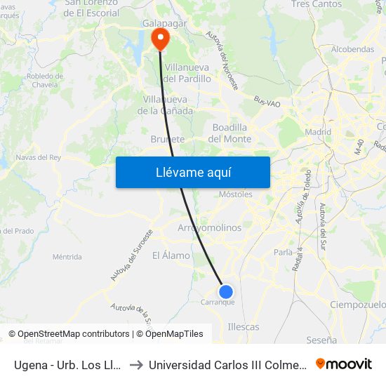 Ugena - Urb. Los Llanos to Universidad Carlos III Colmenarejo map