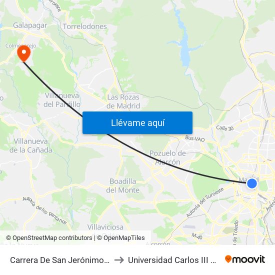 Carrera De San Jerónimo - Cedaceros to Universidad Carlos III Colmenarejo map