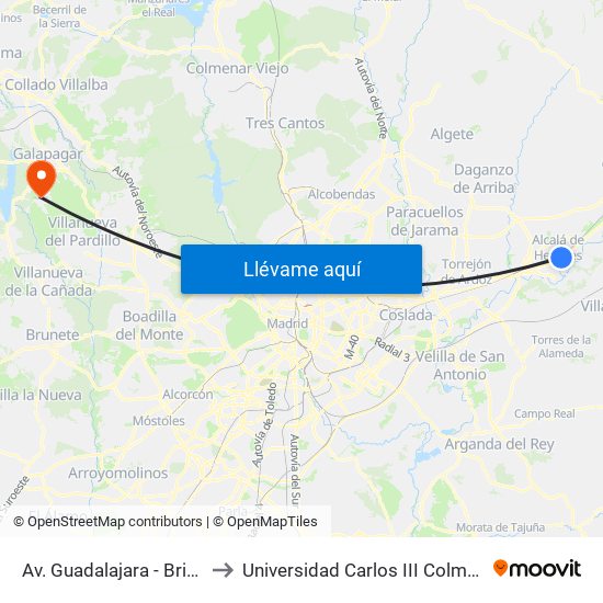 Av. Guadalajara - Brihuega to Universidad Carlos III Colmenarejo map