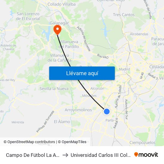 Campo De Fútbol La Aldehuela to Universidad Carlos III Colmenarejo map