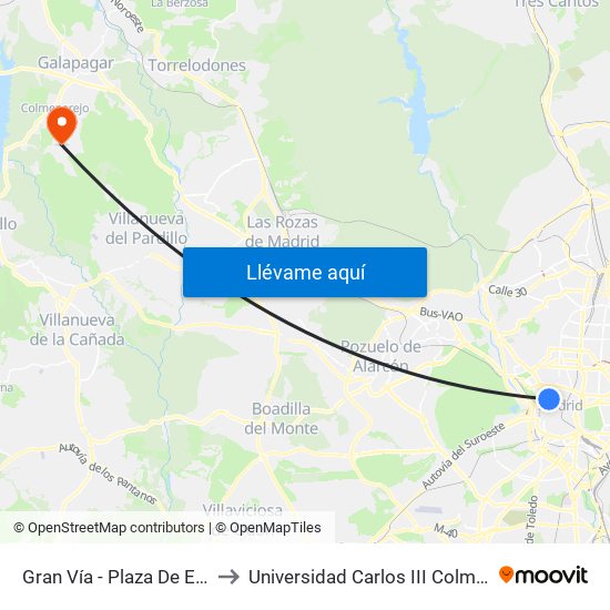 Gran Vía - Plaza De España to Universidad Carlos III Colmenarejo map