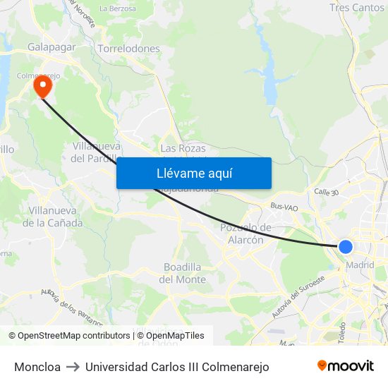 Moncloa to Universidad Carlos III Colmenarejo map
