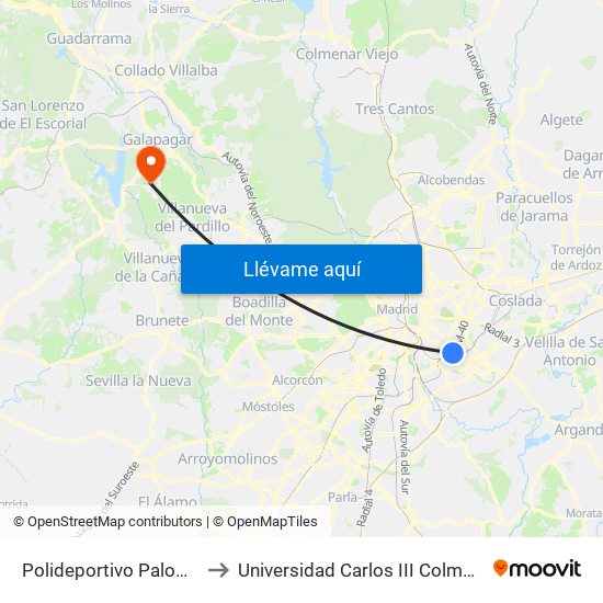 Polideportivo Palomeras to Universidad Carlos III Colmenarejo map
