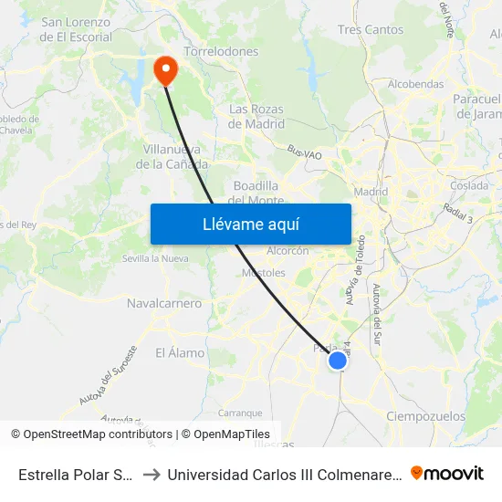 Estrella Polar Sur to Universidad Carlos III Colmenarejo map