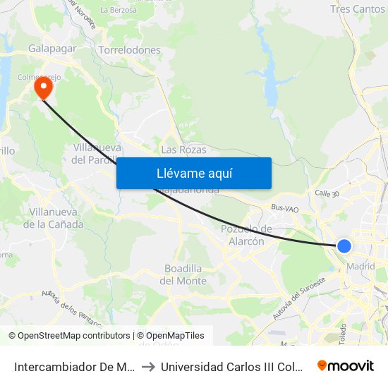 Intercambiador De Moncloa to Universidad Carlos III Colmenarejo map