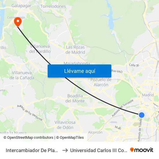 Intercambiador De Plaza Elíptica to Universidad Carlos III Colmenarejo map