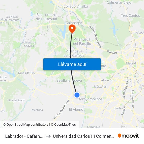 Labrador - Cafarnaún to Universidad Carlos III Colmenarejo map