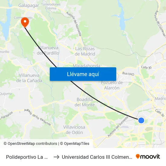 Polideportivo La Mina to Universidad Carlos III Colmenarejo map