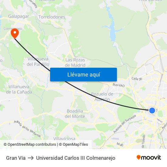 Gran Vía to Universidad Carlos III Colmenarejo map