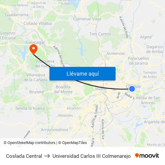 Coslada Central to Universidad Carlos III Colmenarejo map