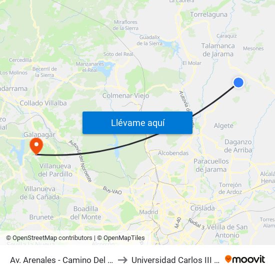Av. Arenales - Camino Del Pozo, El Casar to Universidad Carlos III Colmenarejo map