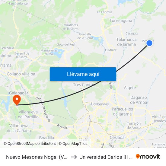 Nuevo Mesones Nogal (Vuelta), El Casar to Universidad Carlos III Colmenarejo map