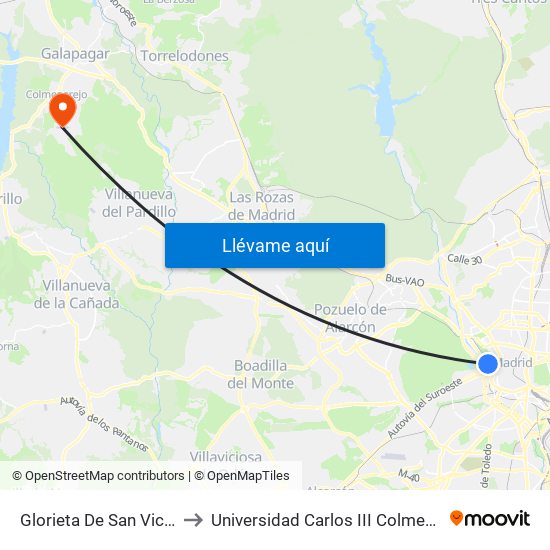Glorieta De San Vicente to Universidad Carlos III Colmenarejo map