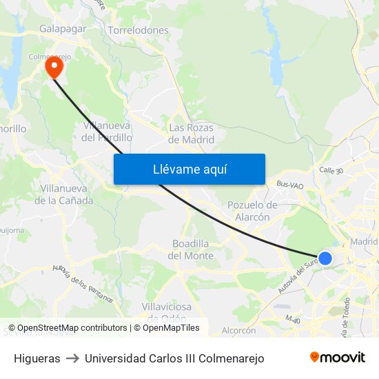 Higueras to Universidad Carlos III Colmenarejo map