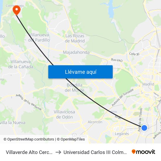 Villaverde Alto Cercanías to Universidad Carlos III Colmenarejo map